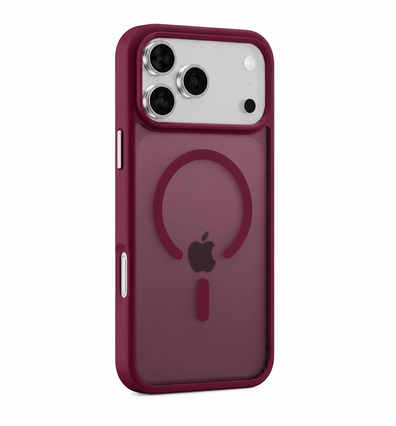 Capa 1 Kase New Evo para iPhone 18 Pro na cor bordô com tecnologia MagSafe, acabamento fosco e aro de câmera em metal.