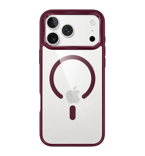 Capa 1 Kase Ultra Hybrid para iPhone 18 Pro Max transparente com bordas e detalhes em vinho e suporte MagSafe